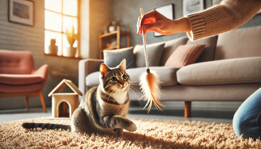 jak bawić się z kotem - mruczek o obok ręka człowieka z wędką z piórkiem