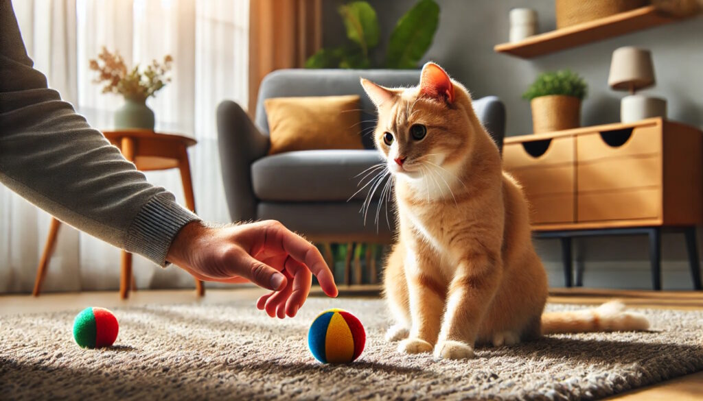 jak się bawić z kotem - człowiek turla piłkę przed futrzakiem