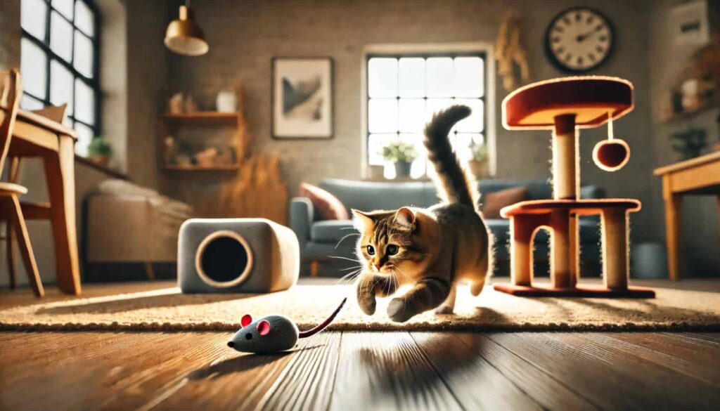 jak zmęczyć kota - mruczek biegnie za nakręcaną myszką