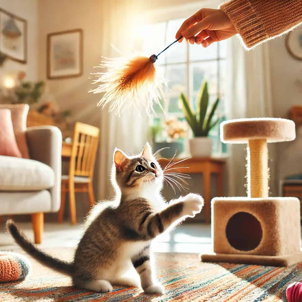 zabawki dla kota interaktywne do wspólnej zabawy - kobieta wyciąga wędkę z piórkiem w stronę kota