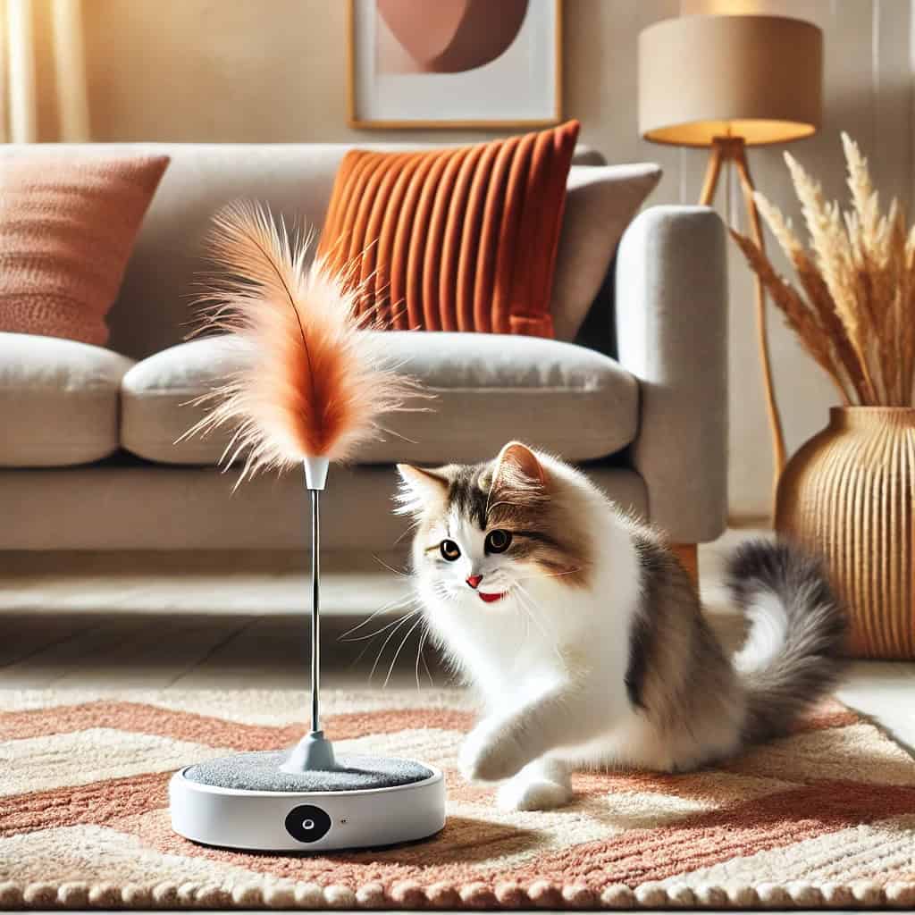 zabawki interaktywne dla kotów - przykładowa gra z piórkami