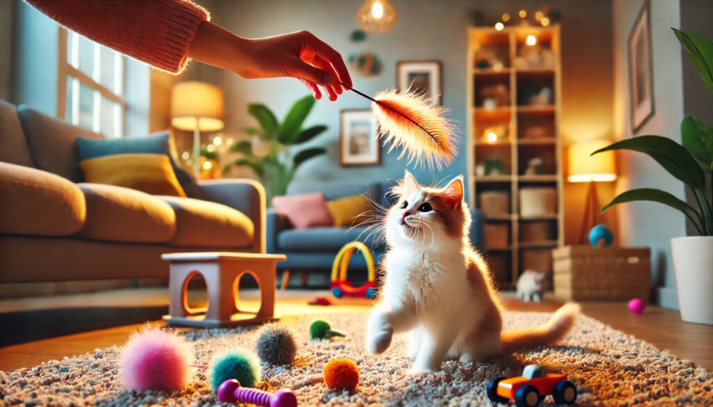 zabawy z kotem - ręka człowieka trzyma piórko przed kociakiem