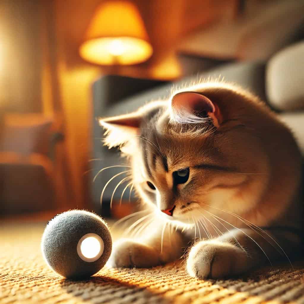 inteligentna zabawka dla kota - mruczek patrzy na piłkę