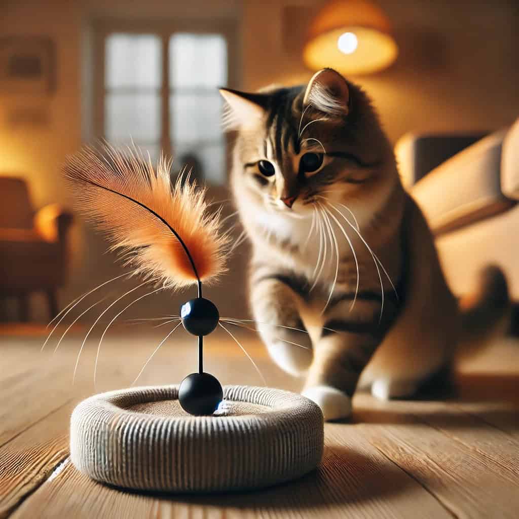 inteligentna zabawka kot - mruczek bawi się gadżetem z piórkiem