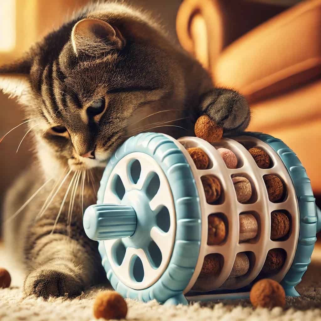 inteligentne gadżety dla kota - mruczek bawi się gadżetem ze smakołykami