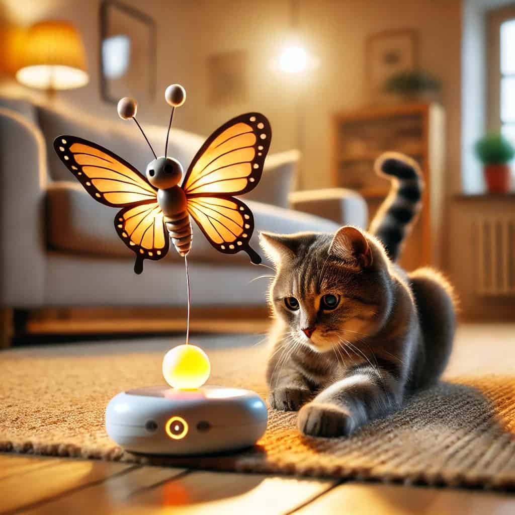 inteligentne zabawki dla kota - mruczek podczas zabawy interaktywnym robotem z motylem