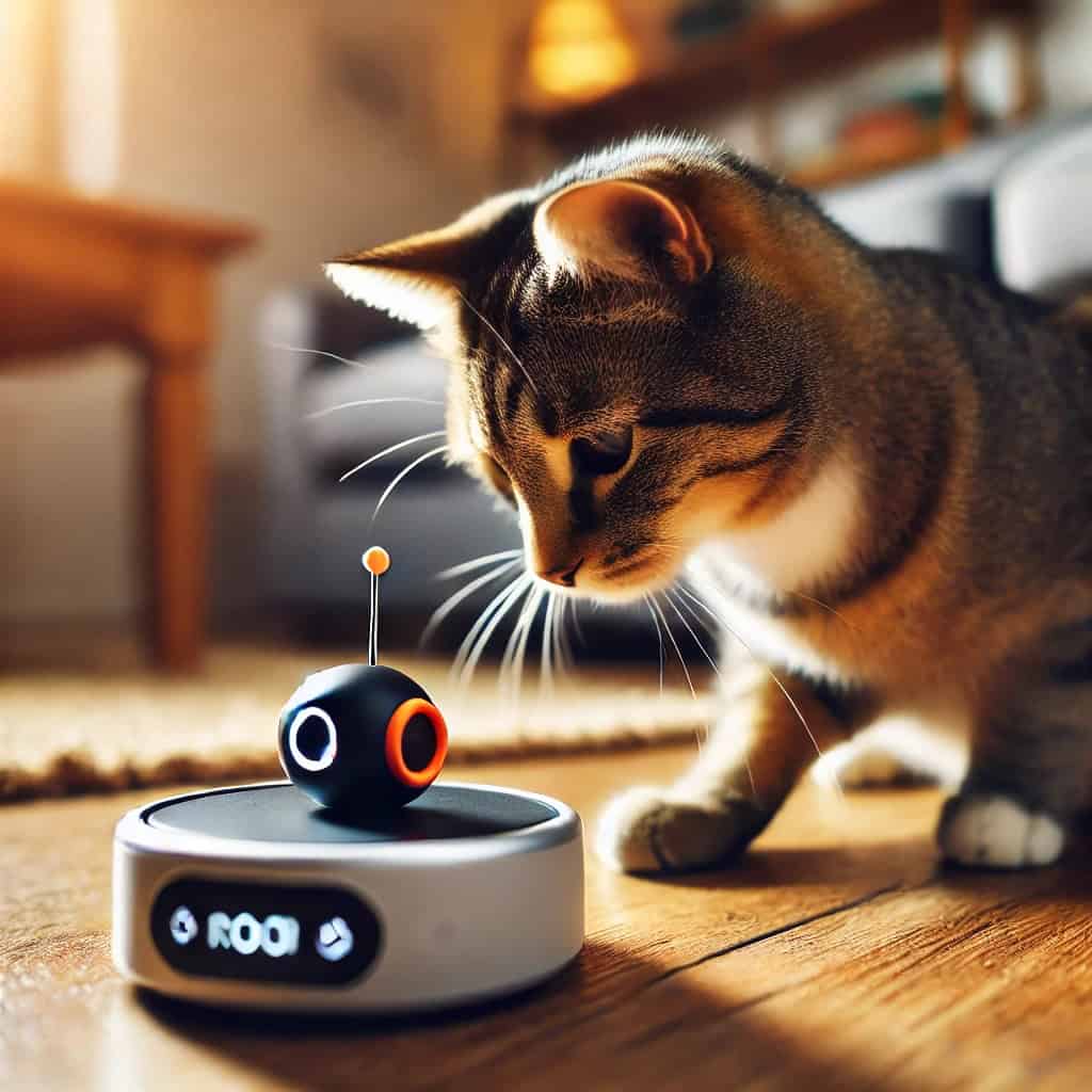 jakie inteligentne zabawki dla kota - mruczek obserwuje robota