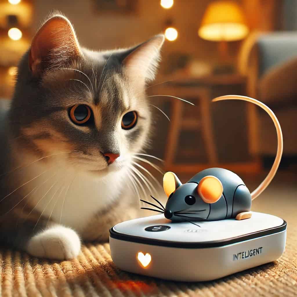 kocie zabawki inteligentne - mruczek bawi się robotem z myszką